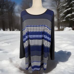 Karen Kane SIZE 2X COLOR BLOCK BLUE WHITE Houndstooth Long Sleeve TUNIC TOP EUC